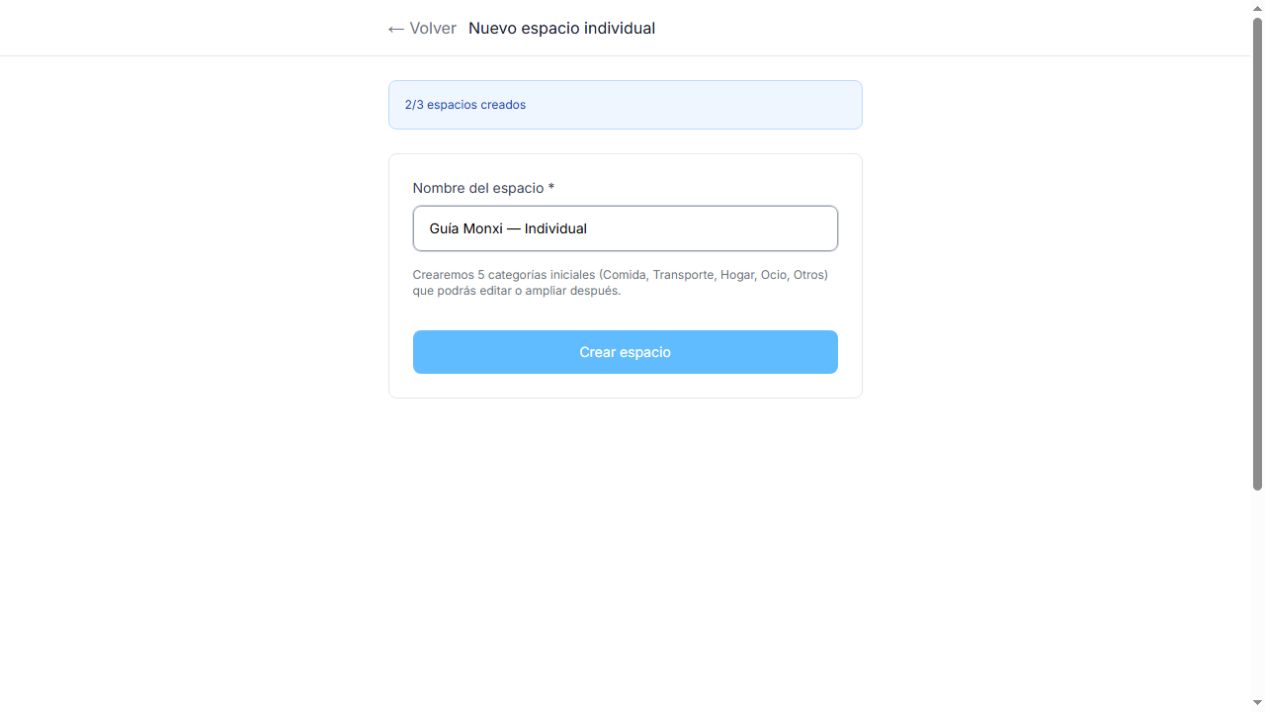 Formulario individual habilitado, con el nombre de ejemplo y Crear espacio