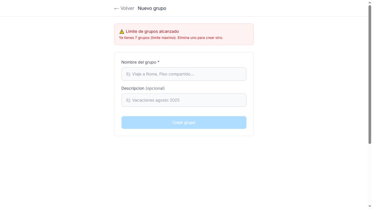 Formulario de nuevo grupo con nombre, descripción y el aviso de límite de esta cuenta