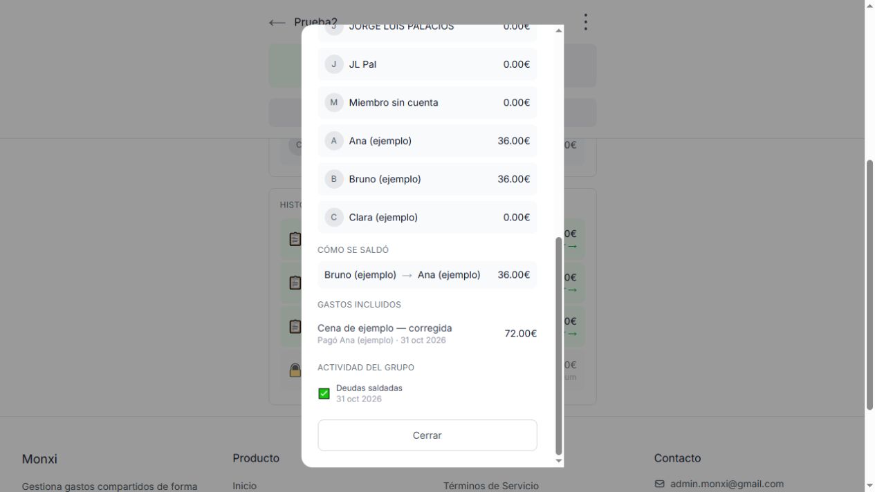 Parte inferior del reporte abierto, con Cómo se saldó, Gastos incluidos y Cerrar
