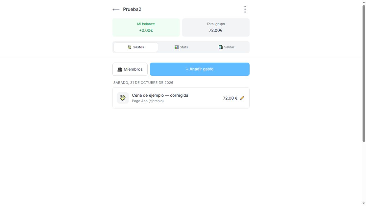 Lista de gastos del grupo con el lápiz que abre la edición