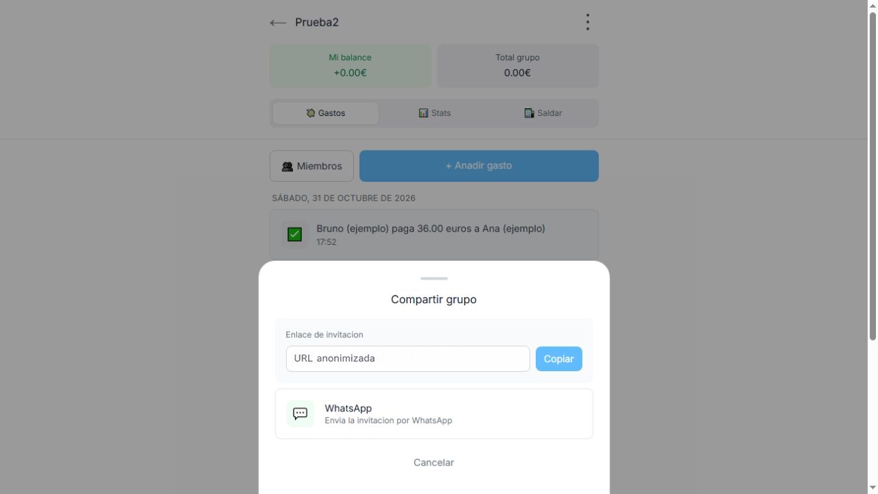 Pantalla final completa de Compartir grupo, con Copiar, WhatsApp y Cancelar