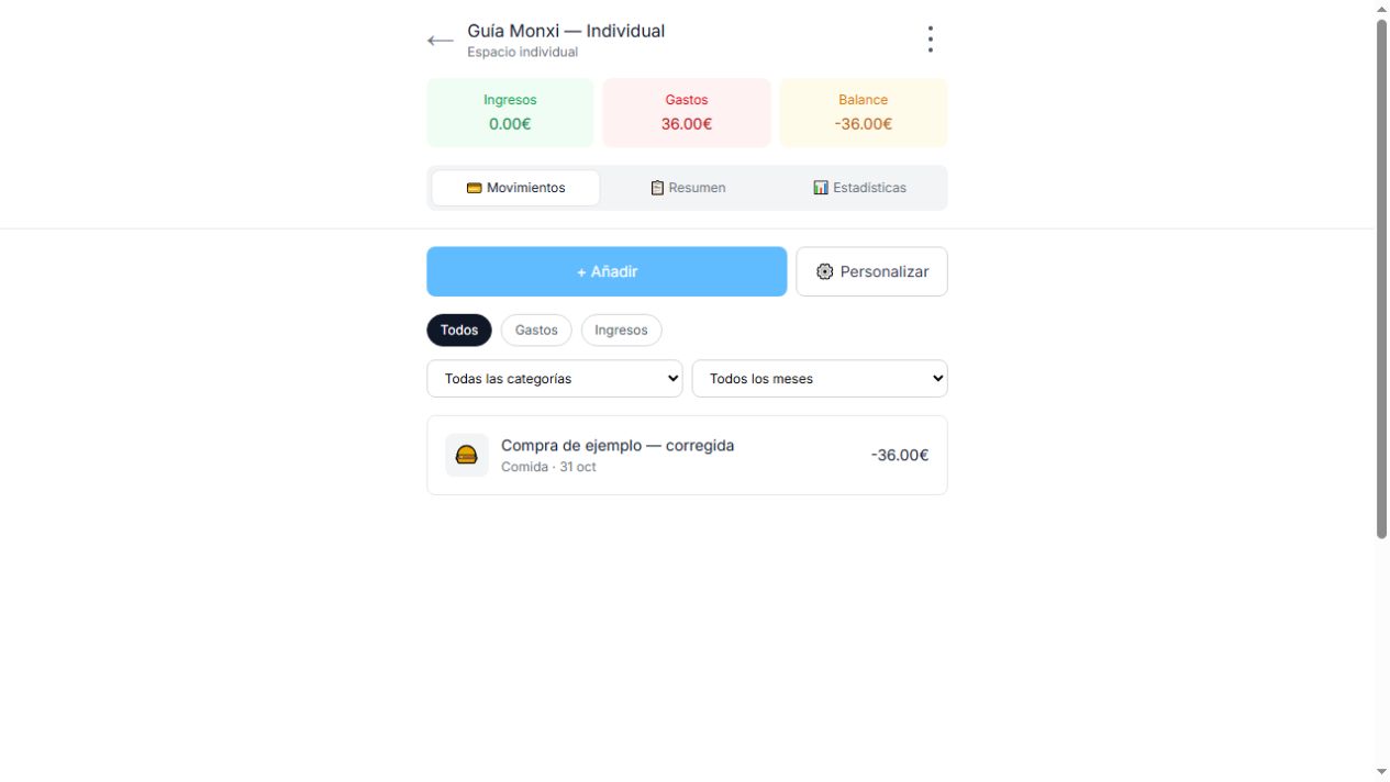 Movimientos individuales con el botón Añadir y los filtros de búsqueda