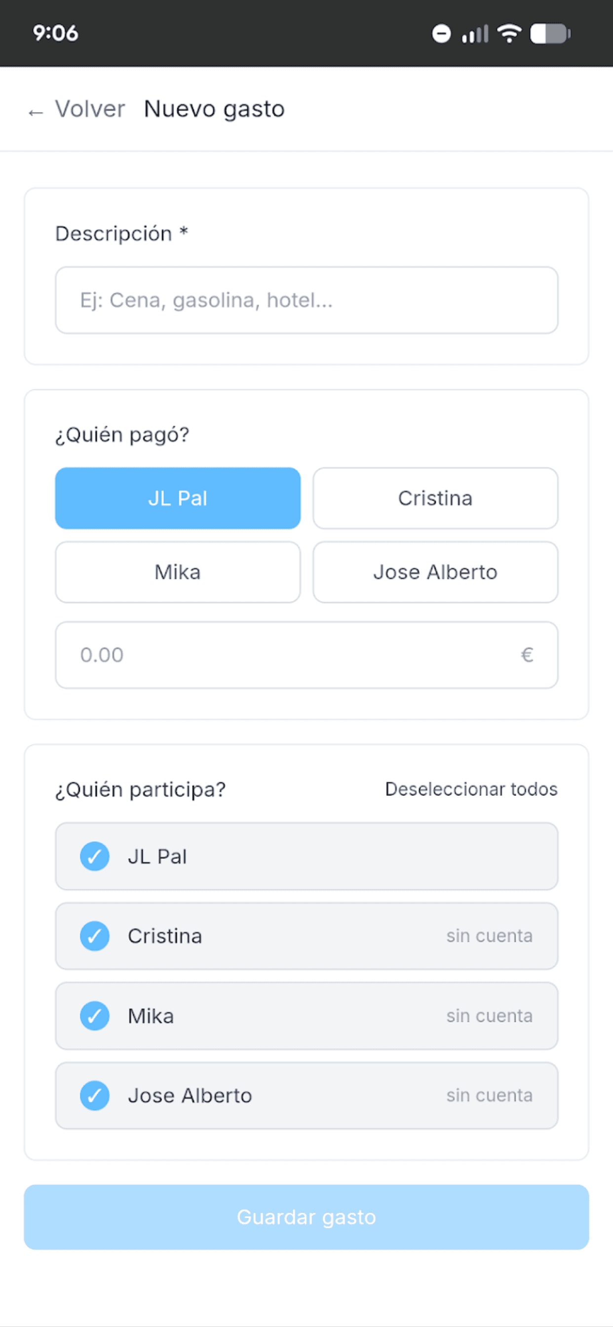 Formulario de nuevo gasto con selector de pagador y participantes