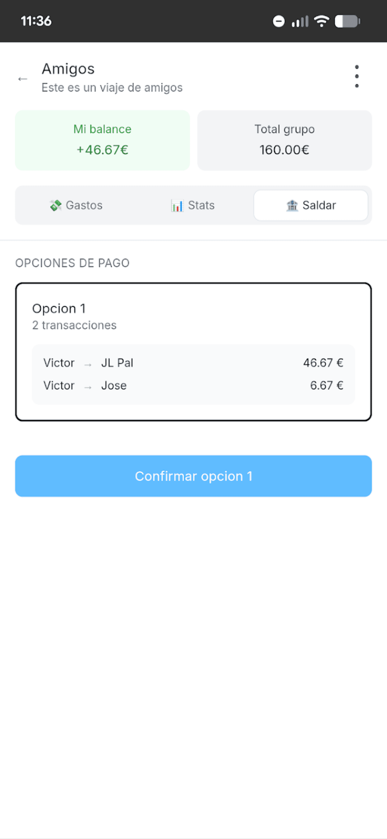 Pantalla de opciones de pago para saldar deudas del grupo