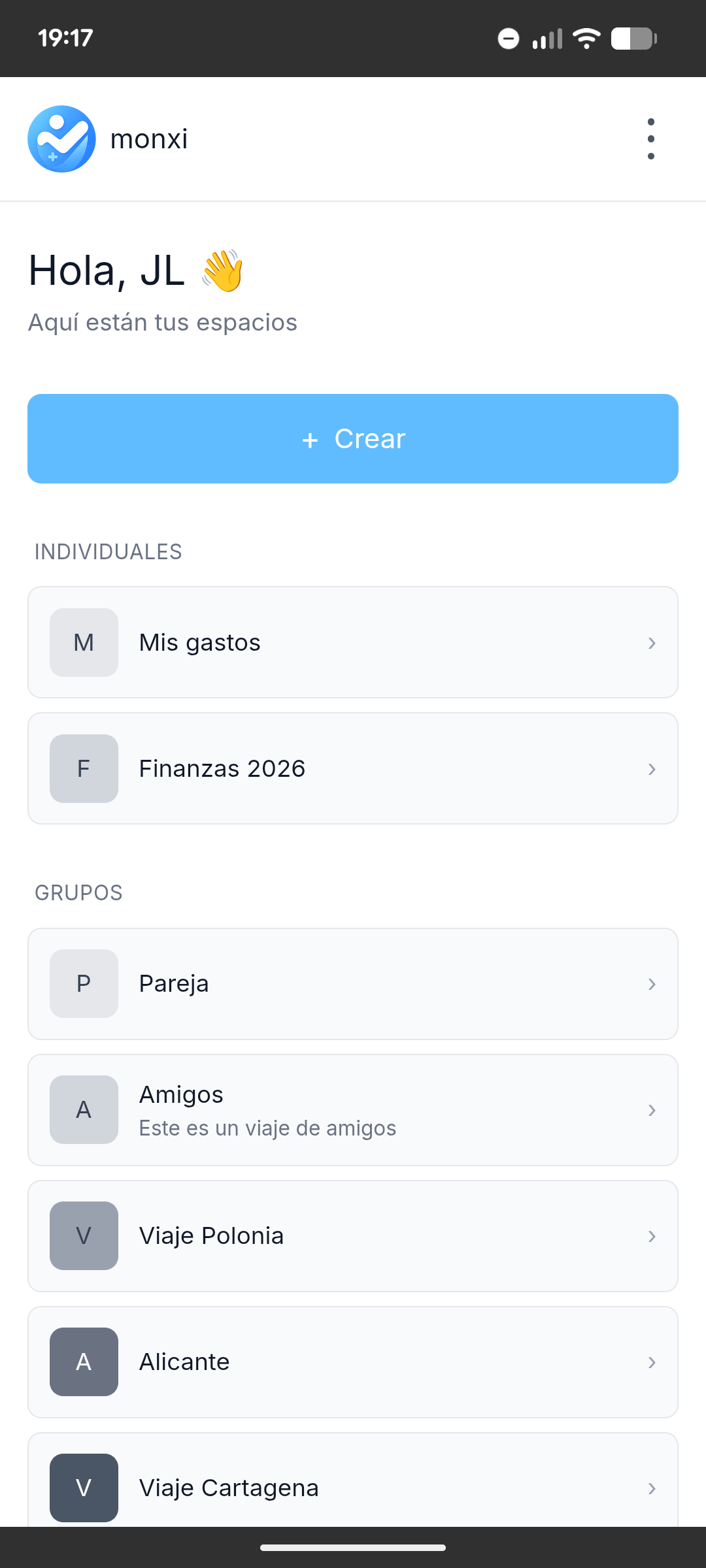 Panel principal de Monxi con espacios individuales y grupos