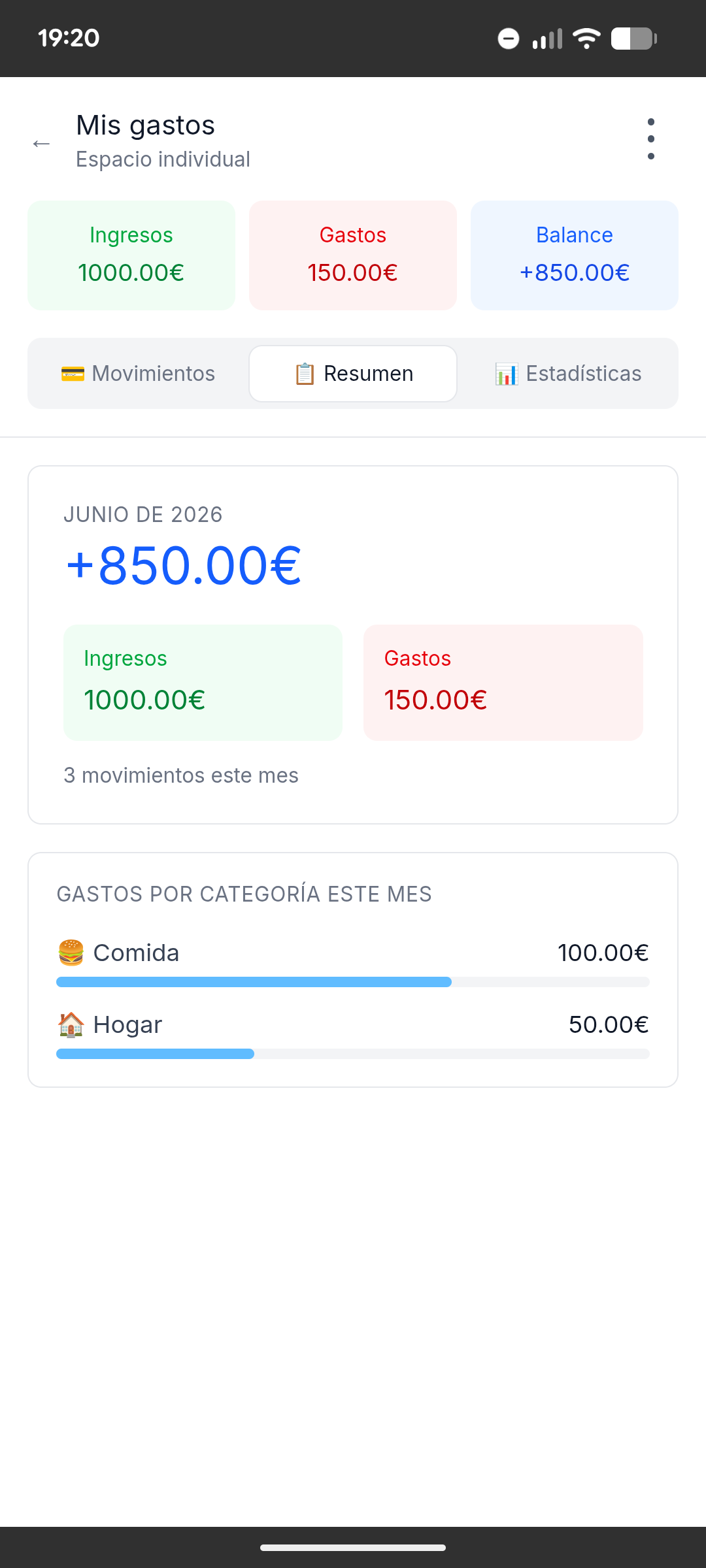 Resumen mensual de ingresos y gastos personales