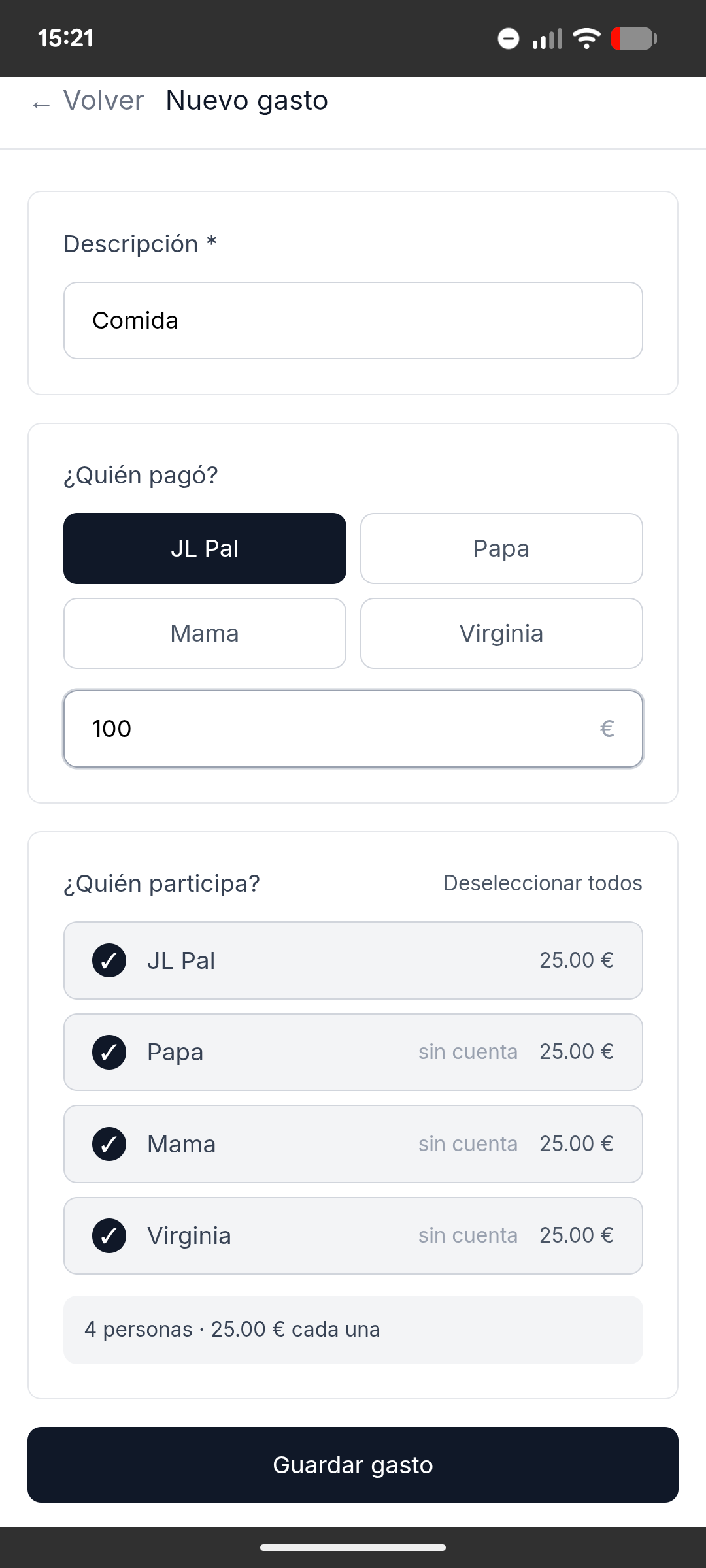 Formulario de nuevo gasto: 100€ divididos en 4 personas a 25€ cada una