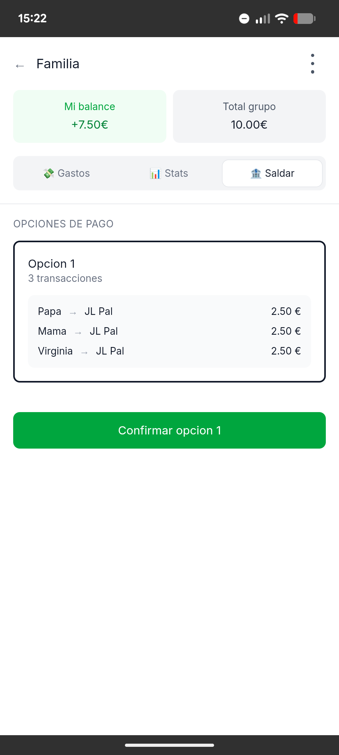 Pantalla de saldo de deudas: Papa, Mama y Virginia deben 2.50€ cada uno a JL Pal